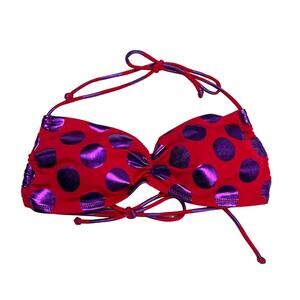 Victoria's Secret Bikini Top‎ Red Metallic Purple Polka Dot Tie Women's S Swim
